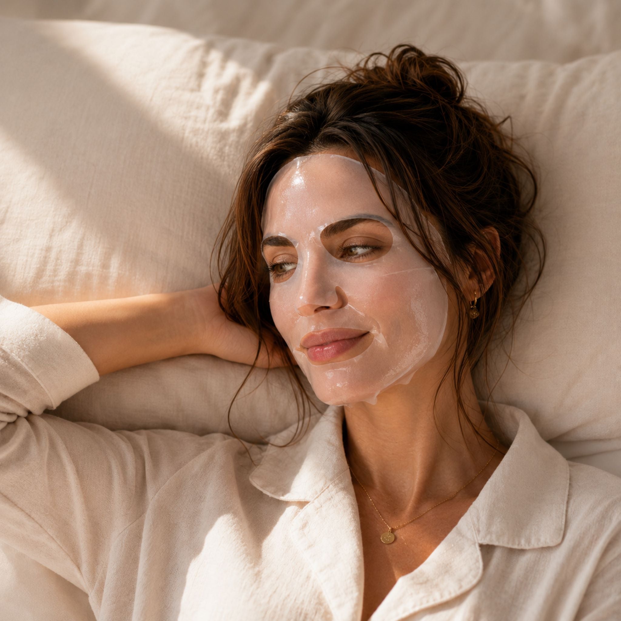 Modelo disfrutando de la mascarilla facial Le Masque Fraîcheur de Onérique.