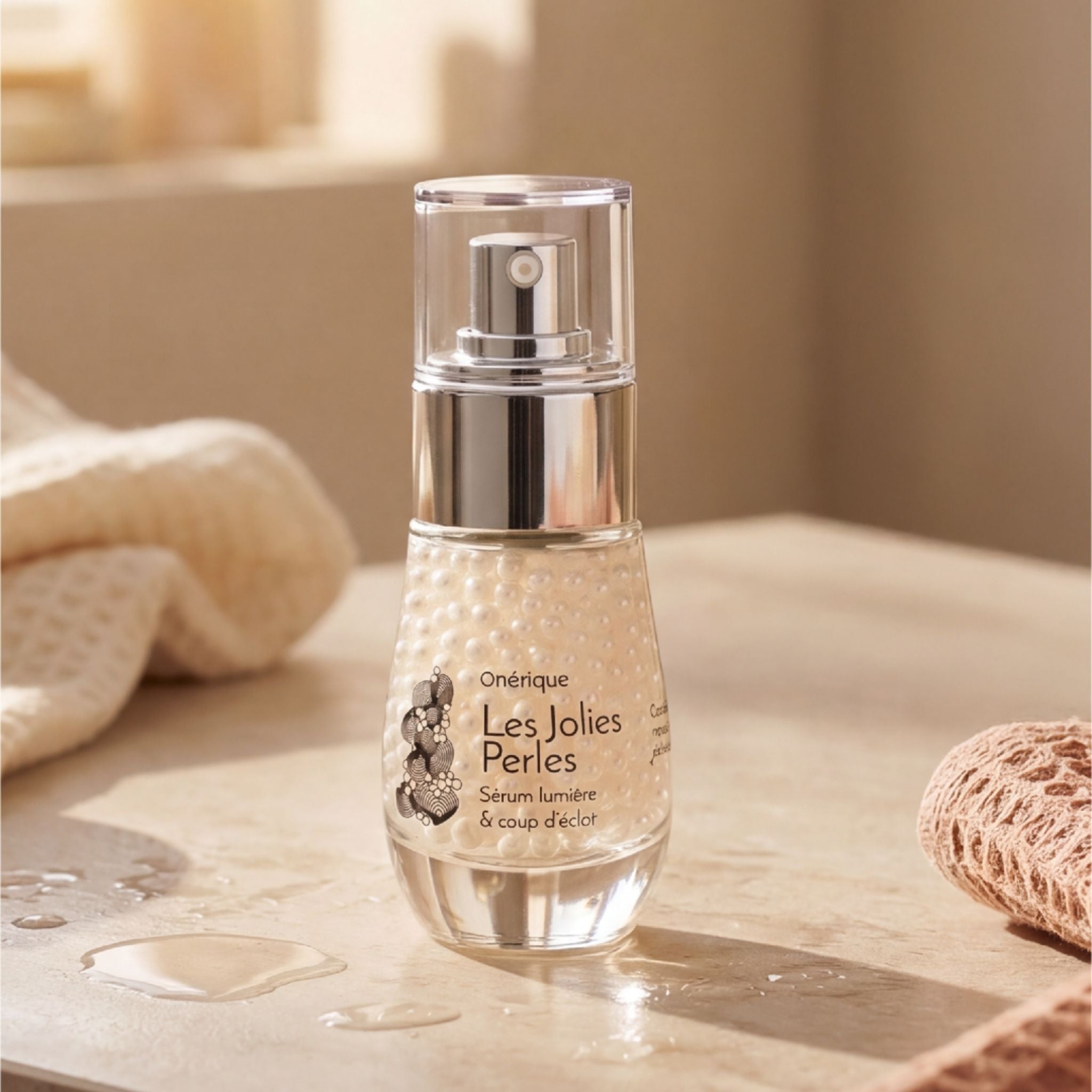Sérum facial Les Jolies Perles de Onérique sobre superficie de madera.