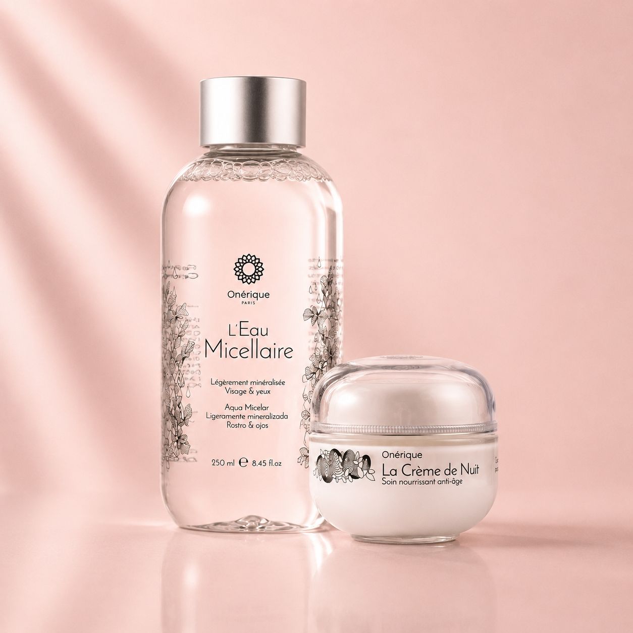 Kit Ritual de Cuidado Nocturno de Onérique con agua micelar y crema facial para la rutina de noche.